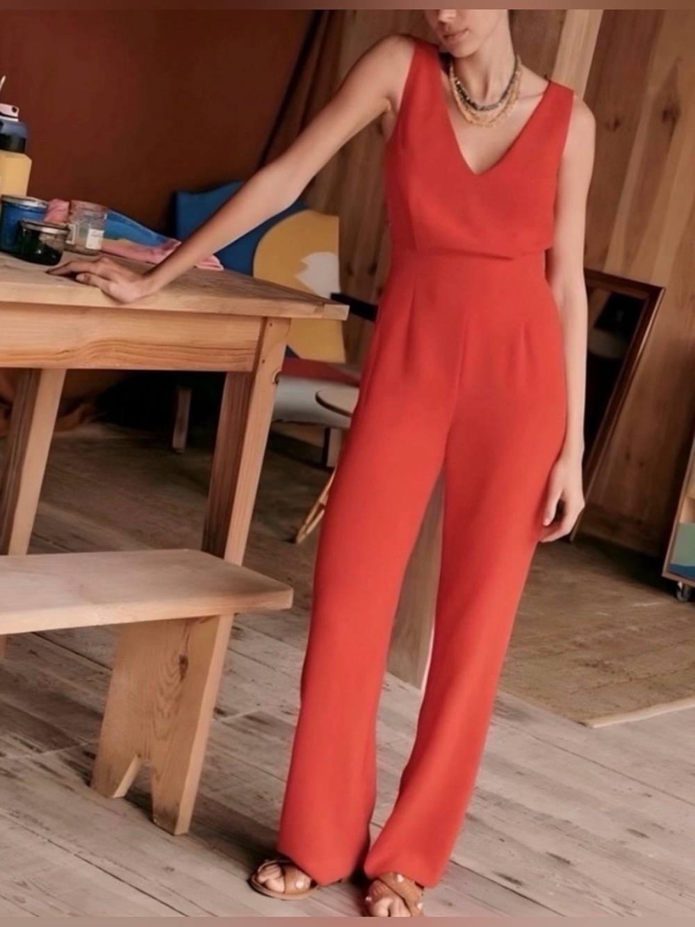 Sézane Sleeveless Vanille V-Neck Red Wide-Leg Jumpsuit, NEW, Size 10